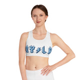 NY/LA blue writing sports bra