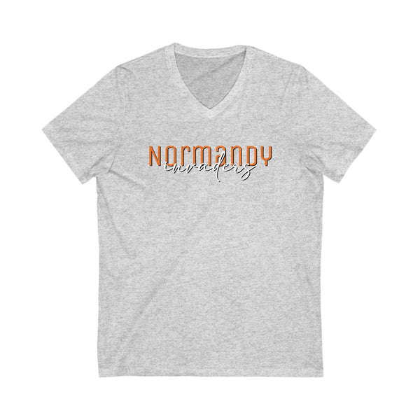 Normandy Script Unisex Jersey Short Sleeve V-Neck Tee