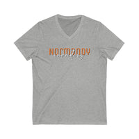 Normandy Script Unisex Jersey Short Sleeve V-Neck Tee