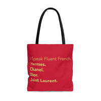 Red and gold I speak fluent French east coast tote