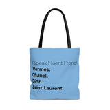 Light blue and black I speak fluent French east coast tote