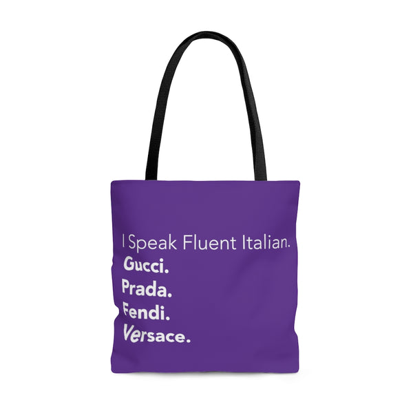 Purple and white I speak fluent Italian east coast tote