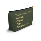 Olive and gold I speak fluent French Accessory Pouch w T-bottom