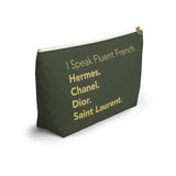 Olive and gold I speak fluent French Accessory Pouch w T-bottom