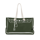 Olive green and white I can’t afford weekend tote