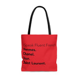 Black and red I speak fluent French east coast tote